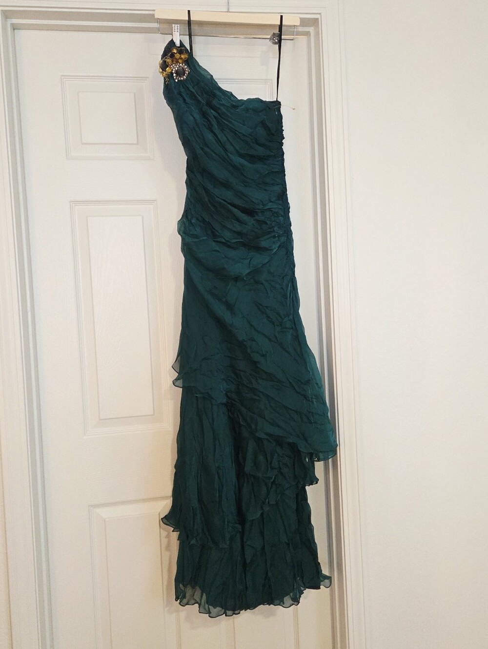 Sz 4 Kay Unger SILK Emerald Green One Shoulder Gown Orig $650